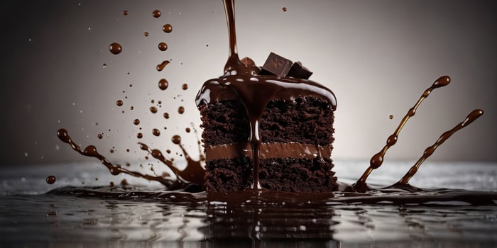 A chocolate cake falling into water splashes chocolate on top. photo