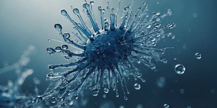 A close up of a blue bacteria with a blue stem The bacteria is surrounded by water droplets. photo