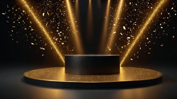Black podium product stage with spotlight and golden glitter background. . photo