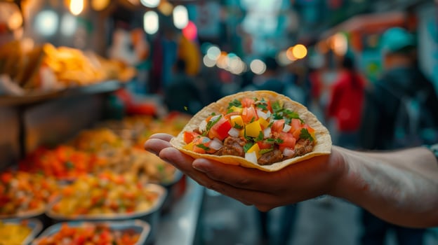 A food truck picks up a freshly made taco against the backdrop of a busy street photo