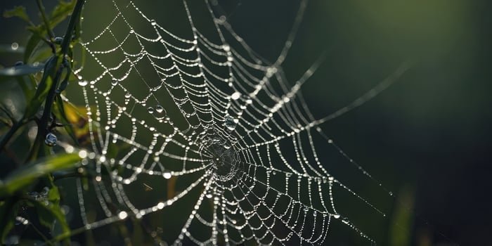 A close-up view of a spider web with water droplets glistening on the intricate threads. photo