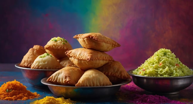 Assorted Indian Holi festival food like samosa, kachori, Puri bhaji, Pav Bhaji, Laddo, Sweets, Dahi vada, puranpoli, gujiya, gulab jamun with colorful background and colors with copy space. photo