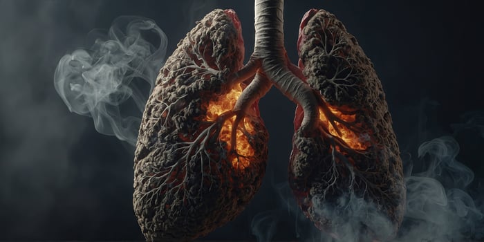 Representation of a human lung affected by smoke, illustrating the harmful impact of smoking and tobacco use on respiratory health, leading to lung disease. . photo