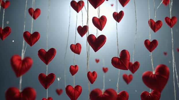 romantic background with red silk hearts. . photo