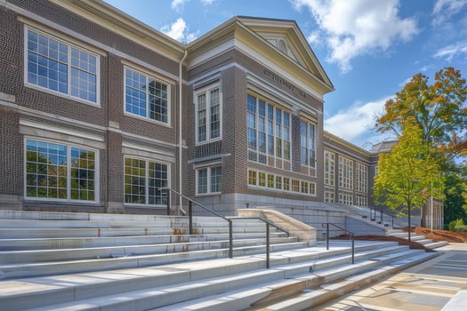 Exterior of a modern school building with stairs going up and down photo