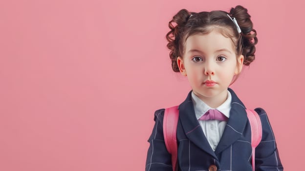 A little girl dressed in school uniform, blank pastel background photo