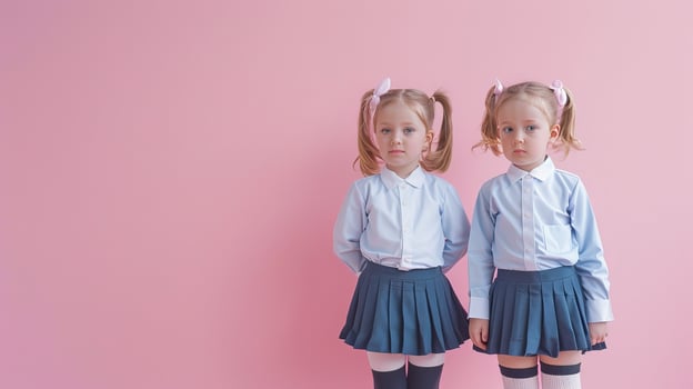 Two little girls dressed in school uniform, blank pink background photo
