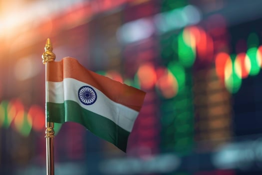 Indian flag waving with stock market graphs in background photo