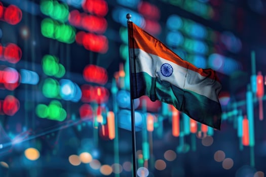 Indian flag waving with stock market graphs in background photo