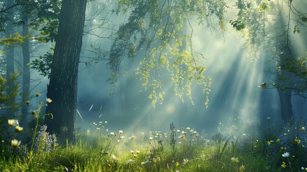 Beautiful nature at morning in the misty spring forest with sun photo