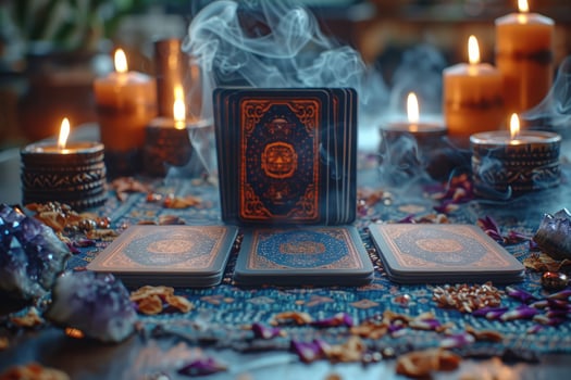 Mystical candle-lit setting with tarot cards, spiritual ambiance. photo