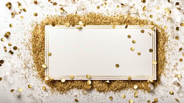 Top view free center compose of celebrate moment layout adorned white paper frame, gold circle papers confetti, particles sprinkles, on white scene. photo