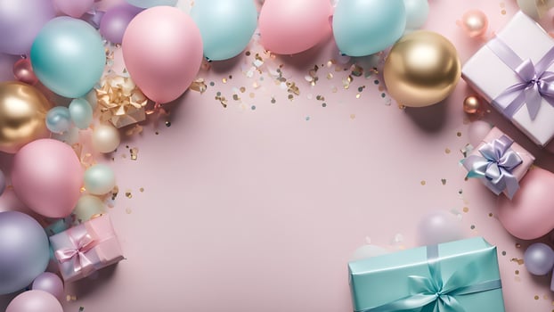 Top view celebrate moment scene adorned pastel balloons, gift boxes, circle confetti on pink background. Center free space composition layout photo