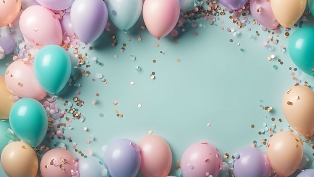 Top view celebrate moment scene adorned pastel balloons, particles sprinkles circle confetti on blue background. Center free space composition layout photo