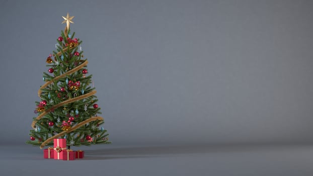 Christmas tree on dark grey background decorated with red and gold ornaments, presents and copy space. Christmas background concept for header or banner design 3d render illustration. photo