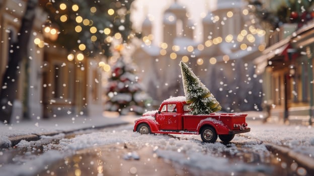 A red toy car carrying a Christmas tree against the backdrop of a beautiful snowy street photo