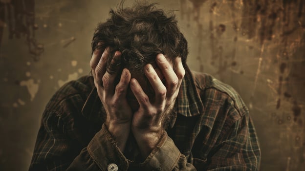 A troubled man clutches his wrinkled face, consumed by worry and anxiety photo