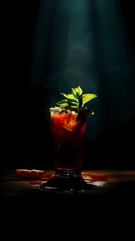 Bloody Mary cocktail. a dark background and hard lighting that creates shadows photo