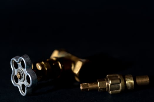 Plumbing set. Shutoff pipe bronze valve. Locking bronze tap. Water pressure valve. Repair tap by closing water. Plumbing works at home. photo