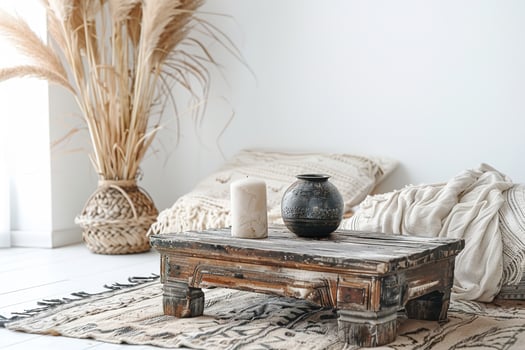 Boho living room, minimalist aesthetic with natural elements and textures, ideal for home decor magazines, interior design portfolios, lifestyle blogs. Peaceful stylish living space. photo