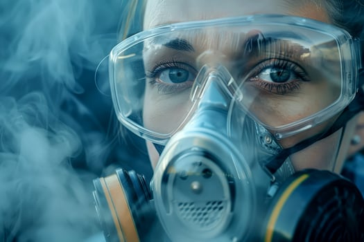 An environmental scientist testing air quality with a portable device in an industrial area, factories behind photo