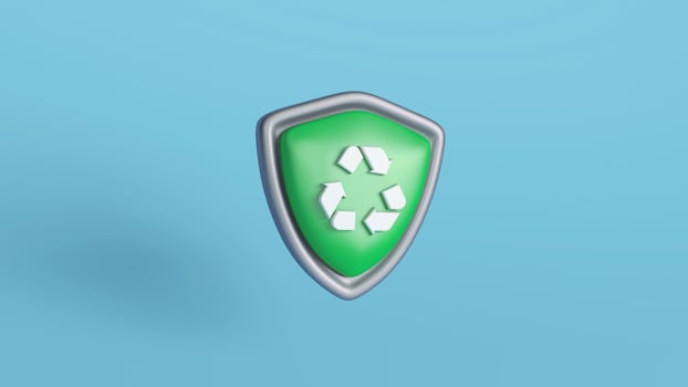 3D Illustration of Green Recycling Shield on Blue Background photo