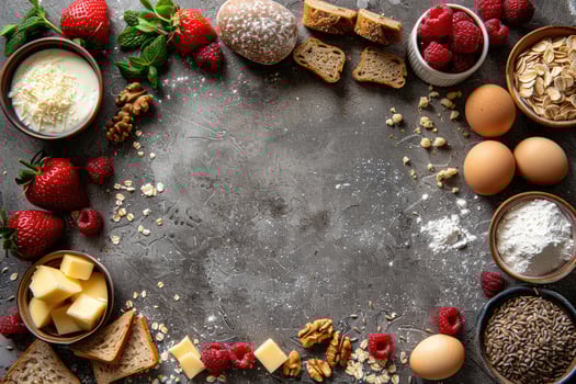 Rustic baking ingredients frame a delicious breakfast scene with fresh berries nuts and dairy photo