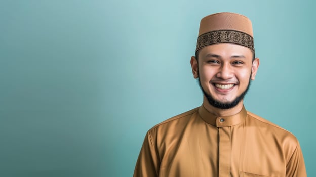 Smiling Muslim Man Wearing a Brown Hat and Shirt Against a Blue Background photo