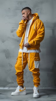 Man Wearing Yellow Hoodie and Pants Posing In Front Of Grey Wall photo