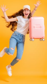 Happy Woman Jumping With Pink Suitcase Against Yellow Background photo