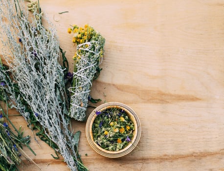 Bundles of herbs for aromatherapy and fumigation at home. Non-traditional methods, alternative herbal treatment, photo