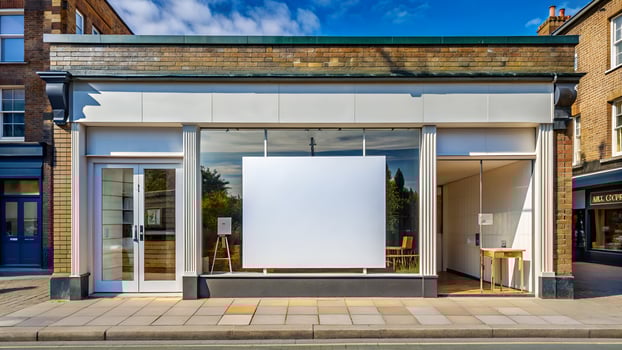 Streetside shop with empty white board photo