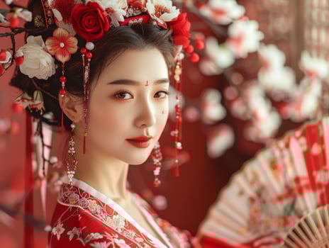 Woman in red dress holding fan photo