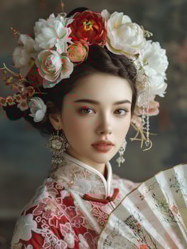 Woman holding fan with flowers in hair photo