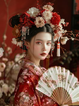Woman in red kimono holding fan photo