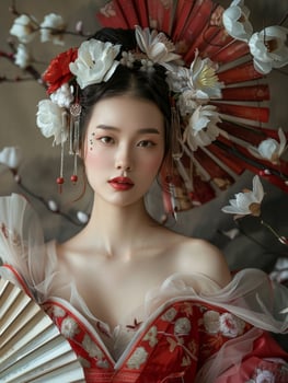 Woman in red and white dress holding fan photo