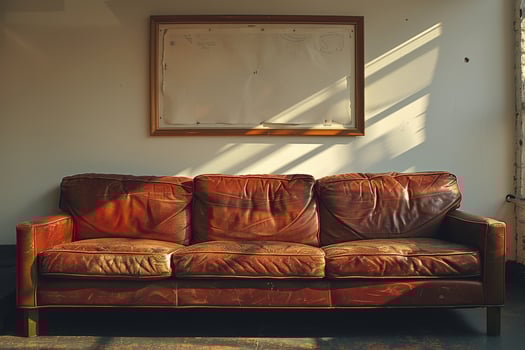 Brown leather couch in living room next to window photo