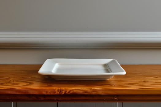Minimalist White Square Plate on Wooden Table Modern Kitchenware photo