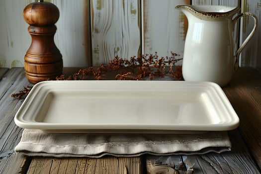 Rustic Table Setting with Ceramic Tray, Pitcher, and Wooden Pepper Grinder - Kitchen Decor and Food Presentation photo