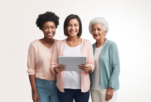 A diverse group of women is depicted against a grey background, with one woman holding a tablet, symbolizing connectivity, empowerment, and modern technology in a multicultural setting photo