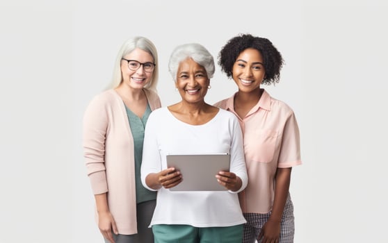 A diverse group of women is depicted against a grey background, with one woman holding a tablet, symbolizing connectivity, empowerment, and modern technology in a multicultural setting photo