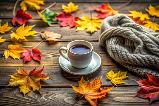 Cup of coffee and autumn leaves photo