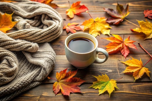 Cup of coffee and autumn leaves photo