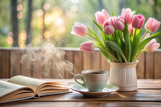 Cup of coffee and a bouquet of pink flowers photo