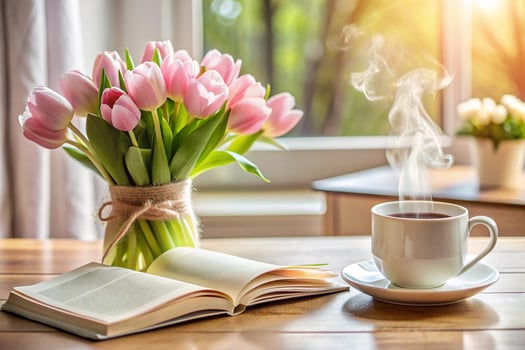 Cup of coffee and a bouquet of pink flowers photo
