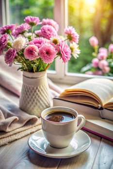 Cup of coffee and a bouquet of pink flowers photo