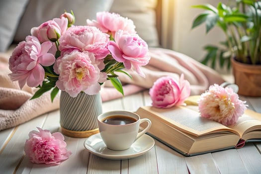 Cup of coffee and a bouquet of pink flowers photo