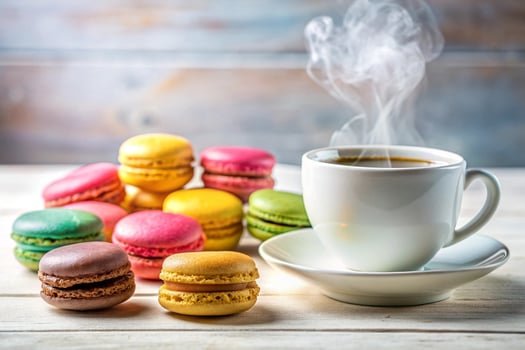 Macaroons and coffee on white background photo