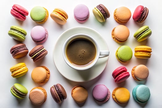 Macaroons and coffee on white background photo