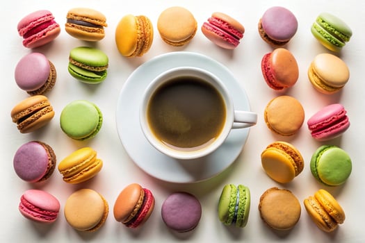 Macaroons and coffee on white background photo